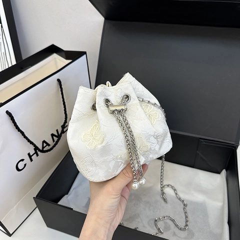 Butterfly Embroidered Lace Bucket Bag Drawstring Crossbody Handbag With Artificial Pearl Chain Strap Elegant Vintage For Women
