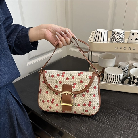 Cherry Print Shoulder Bag French Retro Canvas PU Leather Metal Buckle Crossbody Small Square Underarm Purse Women