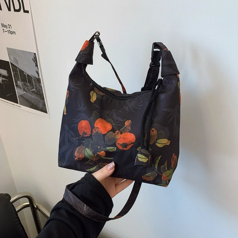 Sac Bandoulière Vintage À Imprimé Floral En Nylon Style Chinois Rétro Bandoulière Réglable Sac À Main Hobo Zip