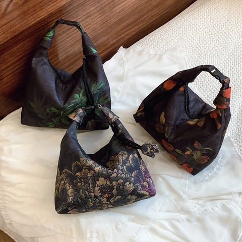 Sac Bandoulière Vintage À Imprimé Floral En Nylon Style Chinois Rétro Bandoulière Réglable Sac À Main Hobo Zip