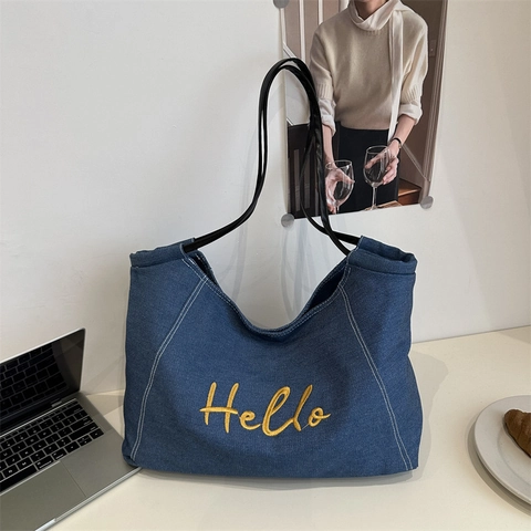 Borsa Tote In Denim Da Donna Grande Capacità Ricamo Lettere Hello Borsa A Tracolla Casual In Tela Shopper