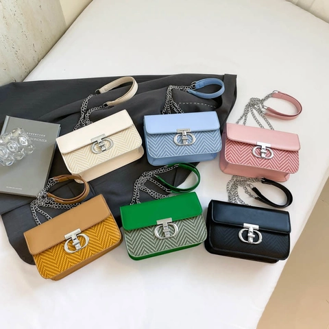 Borsa A Tracolla Da Donna Pelle PU Trama Intrecciata Piccola Borsa Quadrata Catena Argento Fibbia Metallo Moda Casual