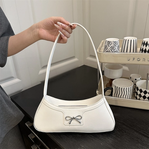 Sac sous le bras en cuir PU avec nœud papillon minimaliste pour femme élégant de couleur unie style coréen sac à bandoulière sac carré tendance