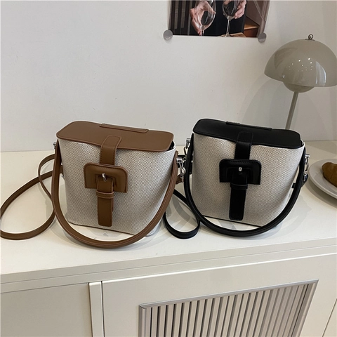 Bolso Tipo Cubo de Lona Vintage para Mujer Empalme de Cuero Contraste de Color Bolso de Hombro para Viaje Diario