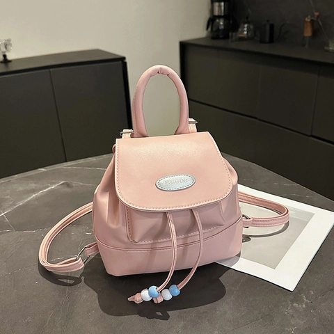 Women Vintage PU Leather Mini Backpack Contrast Color Bucket Bag Fashion Drawstring Small Travel School Bag For Girls