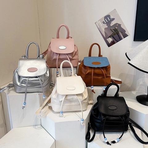 Women Vintage PU Leather Mini Backpack Contrast Color Bucket Bag Fashion Drawstring Small Travel School Bag For Girls
