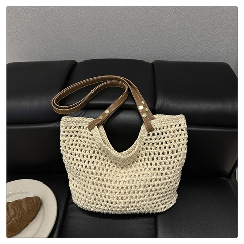 Vintage Handwoven Cotton Thread Crochet Tote Bag Women Hollow Mesh Shoulder Bag With Brown Leather Straps Casual Beach Bag