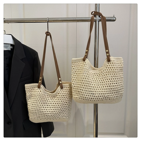Vintage Handwoven Cotton Thread Crochet Tote Bag Women Hollow Mesh Shoulder Bag With Brown Leather Straps Casual Beach Bag
