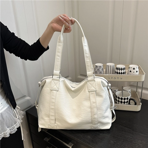 Large Capacity PU Leather Tote Bag For Women Versatile Solid Color Shoulder Crossbody Bag Casual Commuting Handbag
