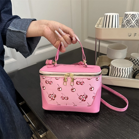 Retro Kirschdruck Damen PU Leder Eimertasche Schminkkoffer Handtasche Mit Griff Schultergurt Für Den Täglichen Gebrauch
