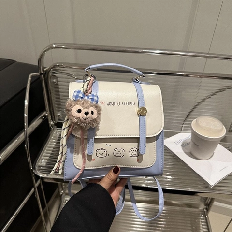 Women Vintage PU Leather Backpack Cartoon Bear Print Handbag Color Block Small Shoulder Bag Cute Daily Casual Travel Bag