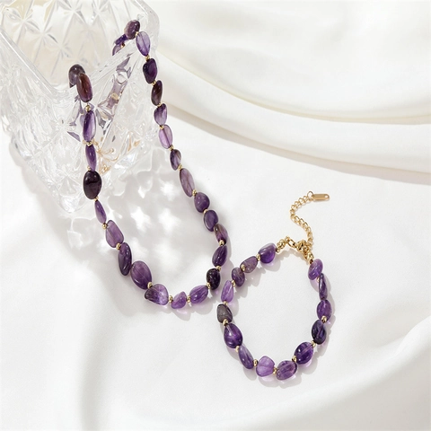 Minimalist Stainless Steel Irregular Natural Stone Crystal Beads Adjustable Bracelet And Necklace For Women Jewelry Gift