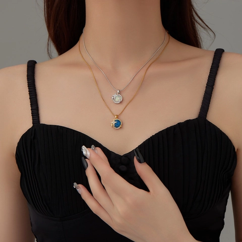 Fashion Titanium Steel Starry Galaxy Pendant Necklace For Women Snake Bone Chain Star Moon Zirconia Jewelry Gift
