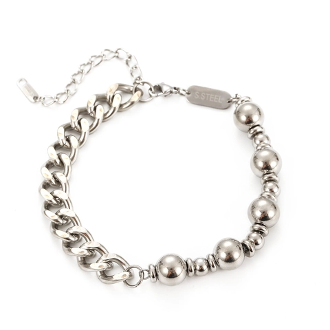 Pulsera De Acero Inoxidable Cadena De Eslabones Cubanos Perlas Redondas Empalme Asimétrico Cadena De Mano Ajustable