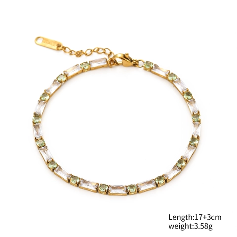 Bracciale In Zirconia Cubica Acciaio Inossidabile Placcato Oro Pietre Rettangolari Chiare E Rotonde Verdi Stile Francese Delicato