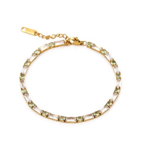 Bracciale In Zirconia Cubica Acciaio Inossidabile Placcato Oro Pietre Rettangolari Chiare E Rotonde Verdi Stile Francese Delicato