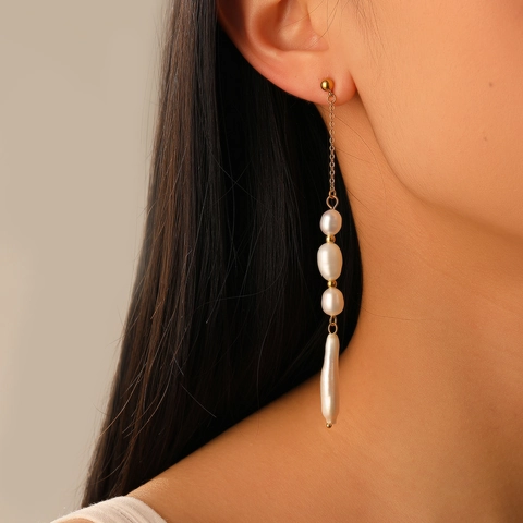 Long Drop Earrings For Women Artificial Baroque Pearl Tassel Dangle Elegant Retro Style Stainless Steel Gold Plated Minimalist