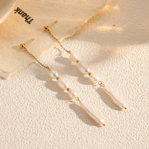 Long Drop Earrings For Women Artificial Baroque Pearl Tassel Dangle Elegant Retro Style Stainless Steel Gold Plated Minimalist