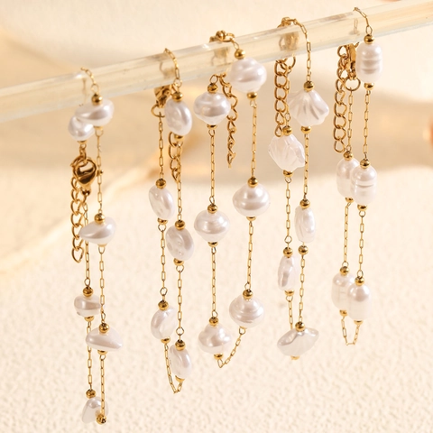 Elegant 18K Gold Plated Stainless Steel Artificial Baroque Pearl Bracelet For Women Shell Charm Adjustable Chain Minimalist Jewelry