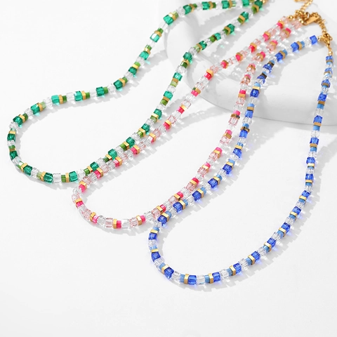 Rainbow Sugar Cube Beaded Necklace Stainless Steel Gold Spacers Square Crystal Beads Adjustable Fashion Jewelry For Women