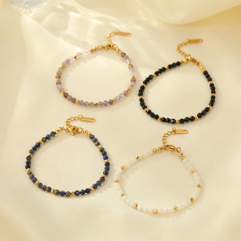 Faceted Natural Stone Beaded Bracelet Stainless Steel Adjustable Gold Plated Amethyst Jewelry For Women Elegant