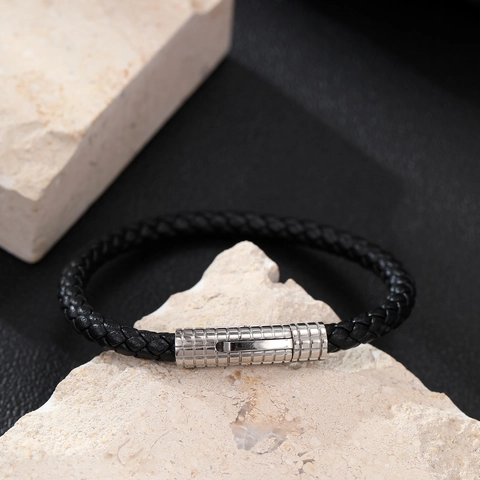 Bracciale Da Uomo In Pelle Intrecciata Chiusura In Acciaio Inossidabile Trama Griglia Accessori Gioielli Punk