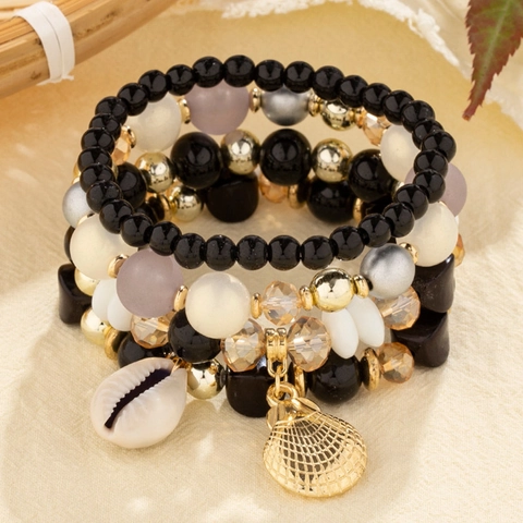 Böhmisches Mehrlagiges Perlenarmband Mit Naturmuschel Anhänger Legierung Harz Boho Strand Urlaub Schmuck Für Damen
