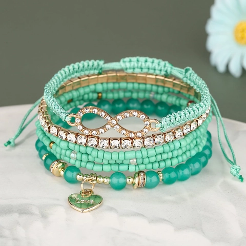Bohemian Gelaagde Armband Legering Oneindigheid Hart Charm Strass Kralen Geweven Touw Sieraden Vrouwen