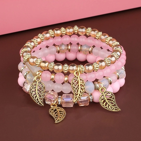 Multi Lagen Perlenarmband Böhmisch Ethnisch Glasperlen Legierung Hohlblatt Anhänger Stapelbar Schmuck Damen