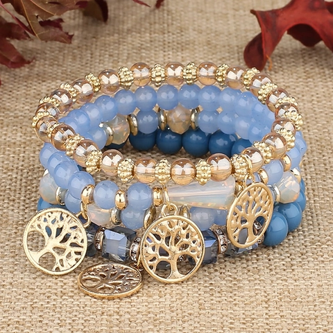 Multi Lagen Perlenarmband Böhmisch Ethnisch Glasperlen Legierung Hohlblatt Anhänger Stapelbar Schmuck Damen