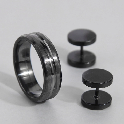Men Black Stainless Steel Jewelry Collection Punk Minimalist Ring And Heart Triangle Geometric Stud Earrings Daily Accessories