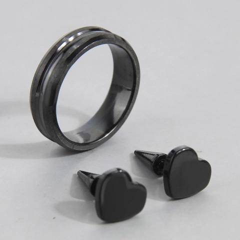 Men Black Stainless Steel Jewelry Collection Punk Minimalist Ring And Heart Triangle Geometric Stud Earrings Daily Accessories
