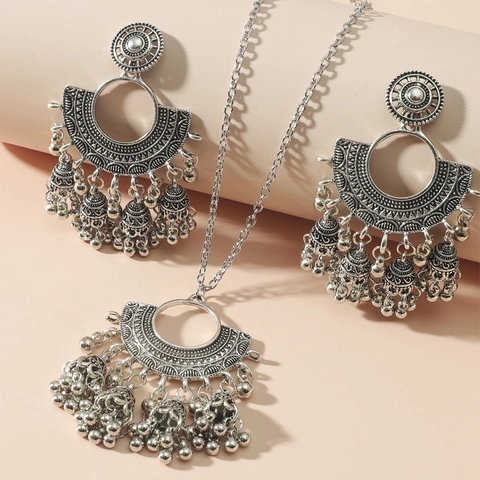 Gioielli Etnici Retrò Lega Bohemien Forma Ventaglio Cavo Jhumka Campana Nappina Collana E Orecchini Da Donna