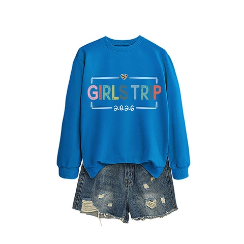 Completo Donna Casual Sweatshirt Girocollo Manica Lunga E Shorts Denim Con Stampa Lettere Girls Trip 2026 E Cuore