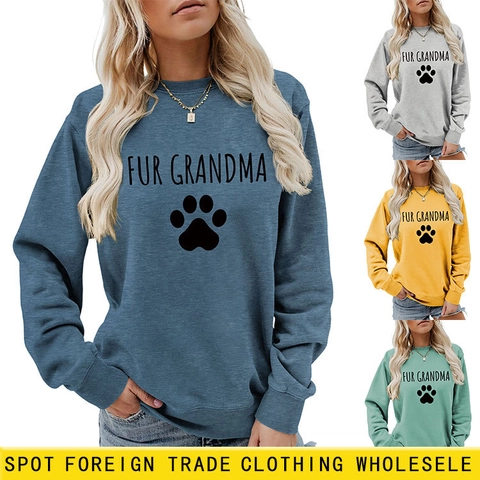 Dames Casual Fur Grandma Bedrukte Sweatshirt Ronde Hals Katoenmix Lange Mouwen Pullover Poot Grafische Mode Tops