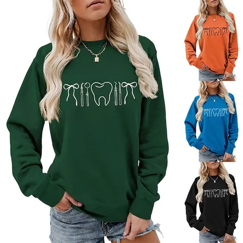 Damen Sweatshirt Mit Zahn Druck Baumwollmischung Rundhalsausschnitt Langarm Lässiger Pullover Für Zahnarzthelferin