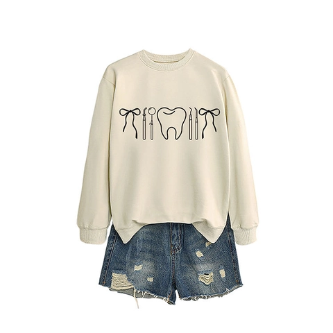 Damen Sweatshirt Mit Zahn Druck Baumwollmischung Rundhalsausschnitt Langarm Lässiger Pullover Für Zahnarzthelferin