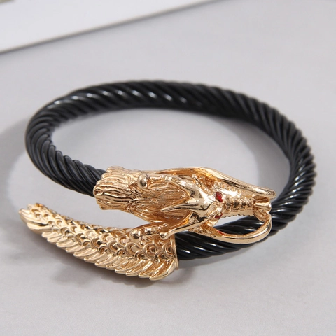 Bracciale Rigido con Testa di Drago Vintage per Uomo in Lega Corda Nera Intrecciata Gioielli Statement Gothic Punk