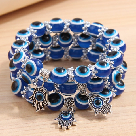 Pulsera De Cuentas Mal De Ojo Mano De Fátima Multicapa Aleación Amuletos Joyería Protección Bohemia Mujeres