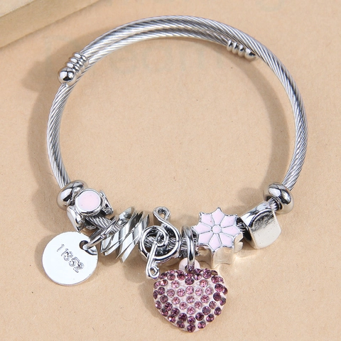 Bracciale Con Ciondolo A Cuore Acciaio Inossidabile Lega Cavo Intrecciato Pendente Nota Musicale Gioielli Strass Per Donna