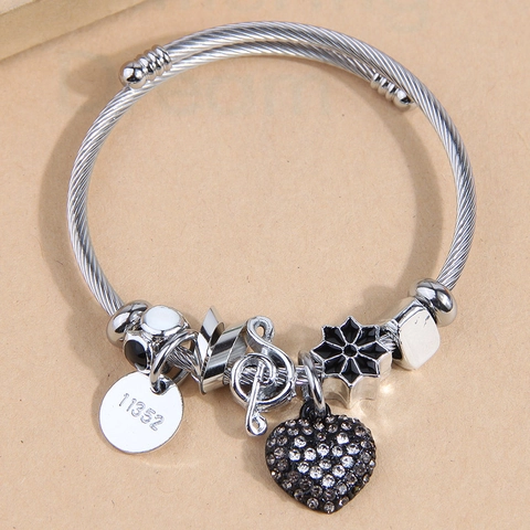 Bracciale Con Ciondolo A Cuore Acciaio Inossidabile Lega Cavo Intrecciato Pendente Nota Musicale Gioielli Strass Per Donna
