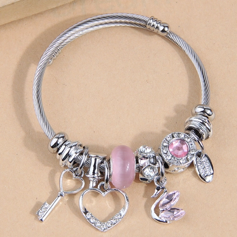 Charm Bangle Armband Legering Emaille Hart Handtas Lippenstift Zwaan Hanger Sieraden Voor Dames Mode Cadeau Accessoire