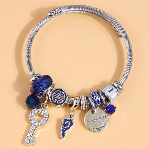 Bracciale Rigido In Corda D'Acciaio Inossidabile Con Ciondoli In Lega Chiave In Cristallo Strass Per Donna Gioielli Eleganti