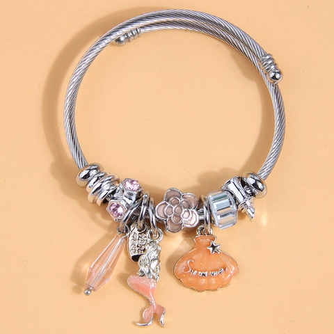 Meerjungfrau Muschel Charm Armreif Armband Legierung Stahlkabel Gedrehte Textur Ozean Thema Sommer Schmuck Für Damen