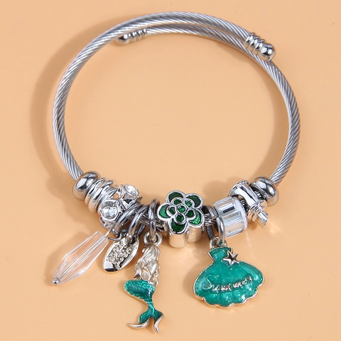 Meerjungfrau Muschel Charm Armreif Armband Legierung Stahlkabel Gedrehte Textur Ozean Thema Sommer Schmuck Für Damen