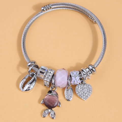 Fashion Steel Wire Charm Bracelet Alloy Heart Fish Shell Pendants Rhinestone Enamel Beads For Women Elegant Sweet Jewelry