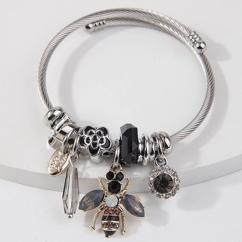 Fashion Stainless Steel Alloy Bee Flower Charm Bangle For Women Rhinestone Embellished Braided Wire Open Bracelet Jewelry Gift