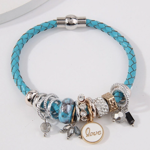 Bohemian Leather Cord Bracelet Women Alloy Love Charm Rhinestone Crystal Beads Magnetic Clasp Elegant Multilayer Jewelry