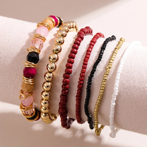 Bohemian Multi Layer Seed Bead Bracelet Set Alloy Colorful Elastic Stackable Ethnic Style Jewelry For Women