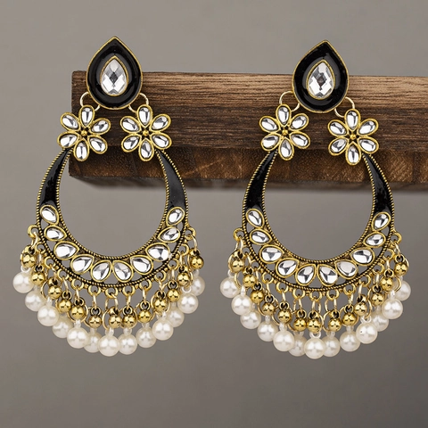 Ethnic Bohemian Drop Earrings For Women Retro Indian Style Alloy Rhinestone Enamel Imitation Artificial Pearl Tassel Statement